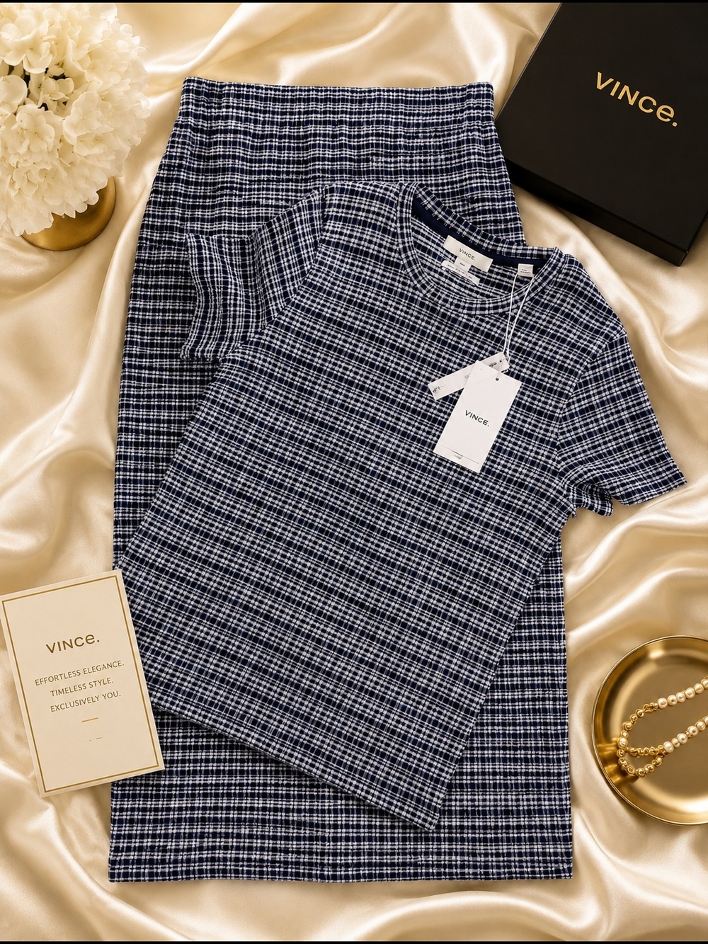 Vince Navy Plaid Short-Sleeve Top & Pencil Skirt Set